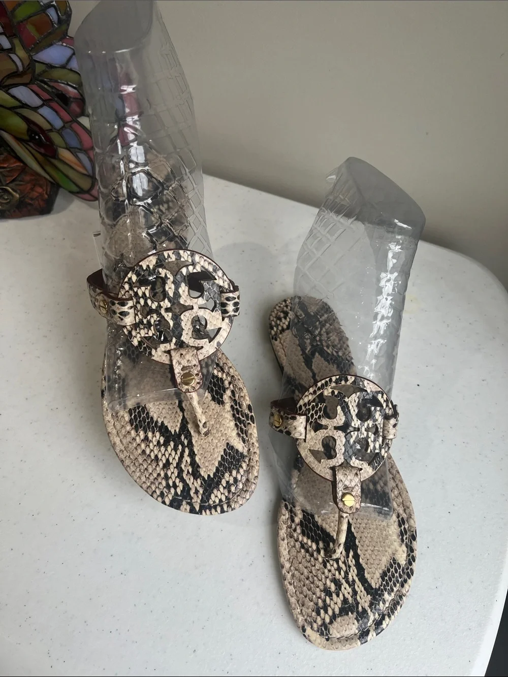 Tory Burch Snake Print Miller Thong Sandals in Beige and Black